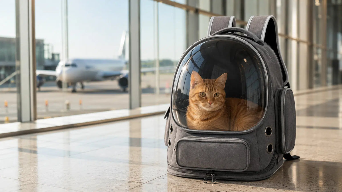 Chat roux calme dans son sac de transport à bulle panoramique dans un aéroport avant un vol en cabine
