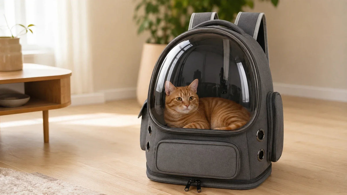 Chat roux couché confortablement dans un sac de transport à la bonne taille.