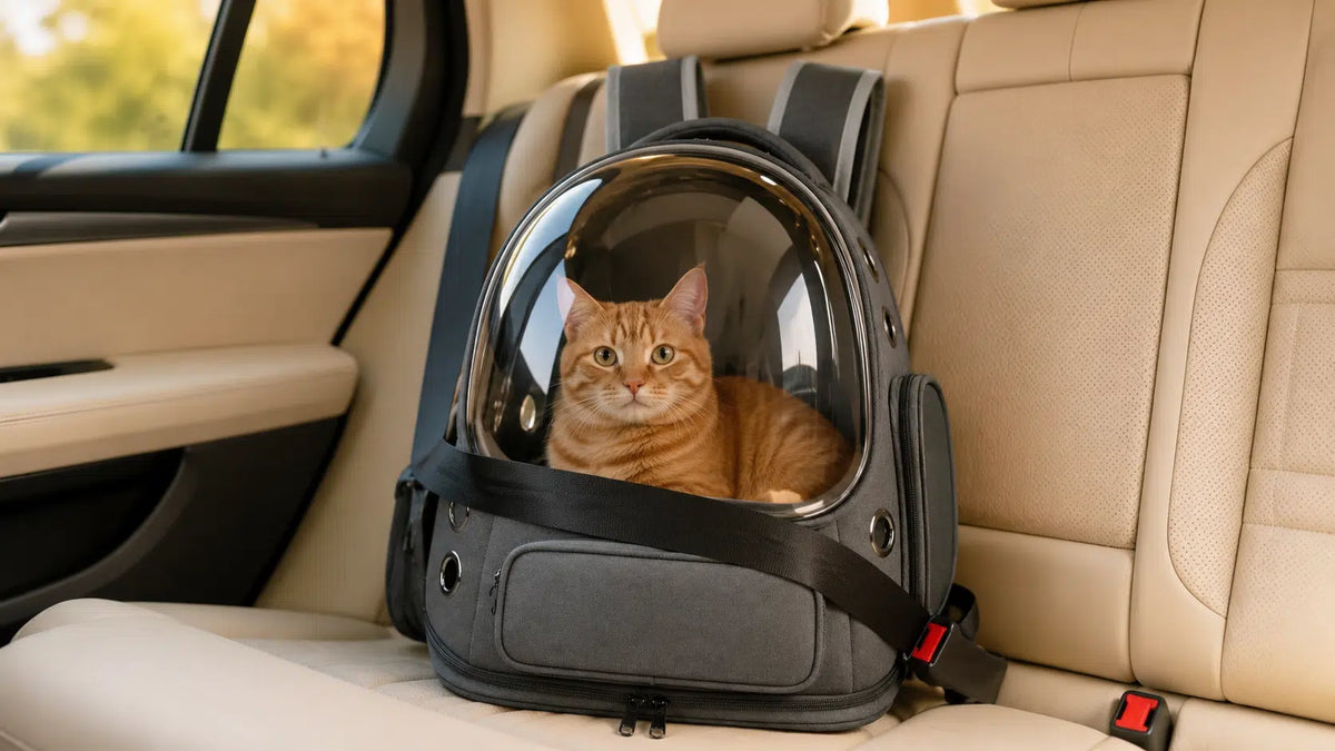 chat calme dans son sac de transportà bulle panoramique, attaché avec la ceinture de sécurité sur la banquette arrière d'une voiture